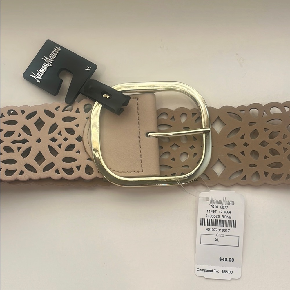 Neiman Marcus Tan Laser-Cut Belt with Gold Buckle